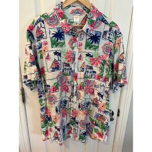 Gymboree Button Up Shirt Multicolor Linen Blend Postcard‎ Tropical Beach Mens XL